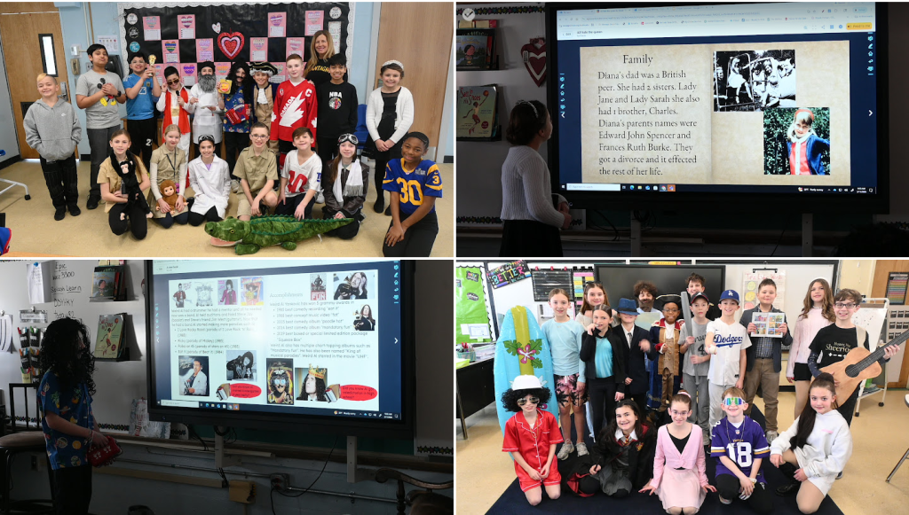group of photos with students dressed in costume and presenting a report on board